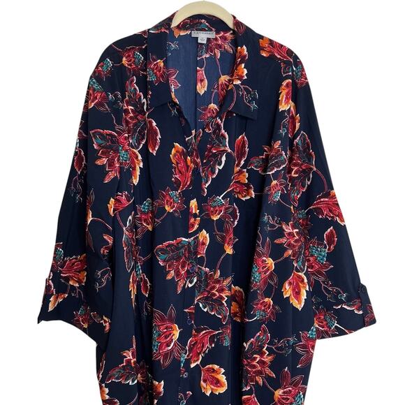 Catherines Womens Blouse 4X Navy Red Floral Button Front 3/4 Sleeves Plus Size - Picture 2 of 6